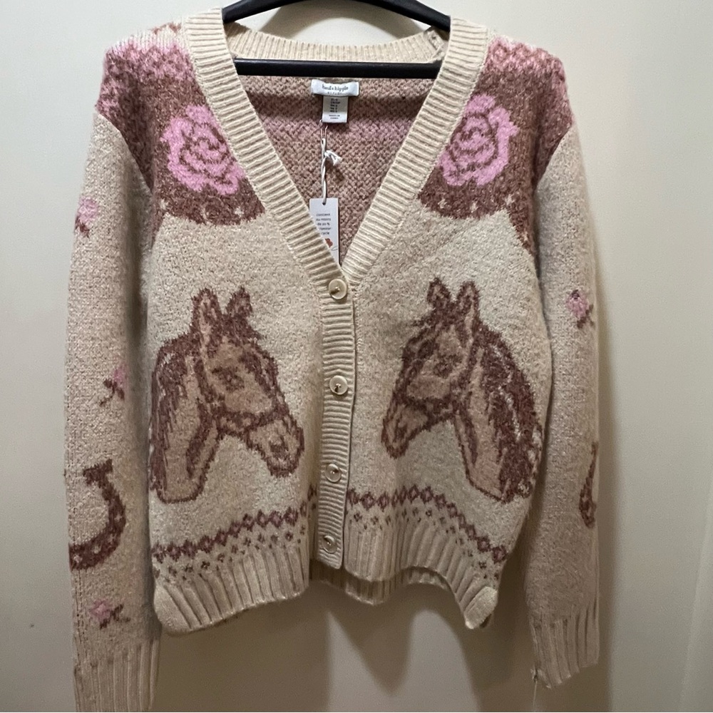 Anthropologie Haute Hippie Horse & Rose Fair Isle Knit Cardigan Cream & Pink NWT - Picture 3 of 13